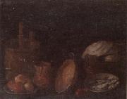 unknow artist Still life of apples and herring in bowls,a beaten copper jar,a pan and other kitchen implements Norge oil painting reproduction